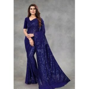 Generic Women's Georgette Embellished Sequnece Bollywood Saree With Unstitched Blouse 5.5Mtr (Blue)