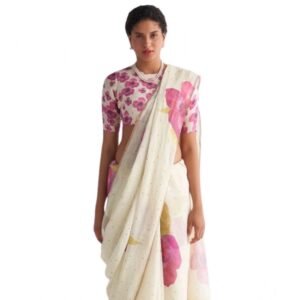 Generic Women's Linen Printed Saree With Unstitched Blouse 5.5Mtr��(White)