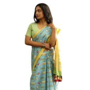 Generic Women's Linen Printed Saree With Unstitched Blouse 5.5Mtr��(Blue)
