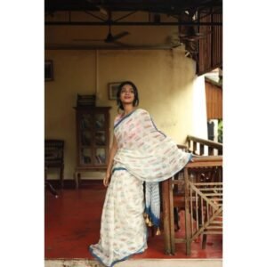 Generic Women's Linen Printed Saree With Unstitched Blouse 5.5Mtr��(White)