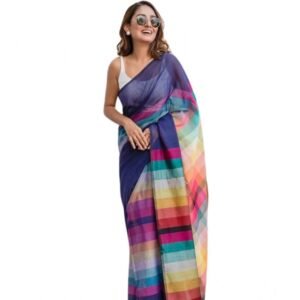 Generic Women's Linen Printed Saree With Unstitched Blouse 5.5Mtr��(Navy)