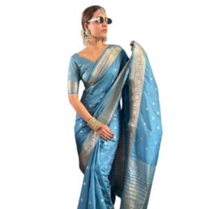 Generic Women's Satin Printed Saree With Unstitched Blouse 5.5Mtr��(light Blue)