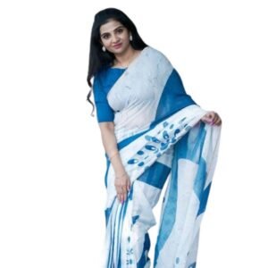 Generic Women's Linen Printed Saree With Unstitched Blouse 5.5Mtr��(White)