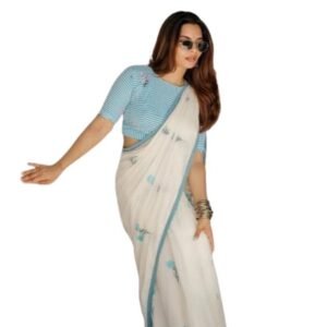 Generic Women's Linen Printed Saree With Unstitched Blouse 5.5Mtr��(White)