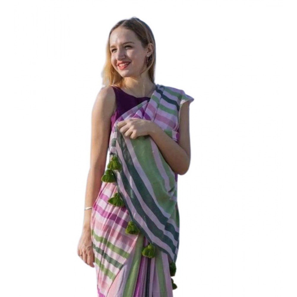 Generic Women's Linen Printed Saree With Unstitched Blouse 5.5Mtr��(Pink)