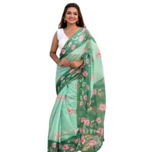 Generic Women's Linen Printed Saree With Unstitched Blouse 5.5Mtr��(Green)