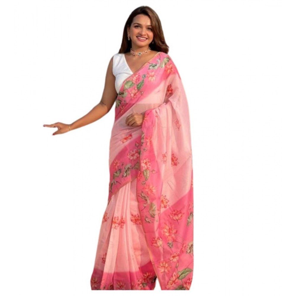 Generic Women's Linen Printed Saree With Unstitched Blouse 5.5Mtr��(Pink)