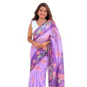 Generic Women's Linen Printed Saree With Unstitched Blouse 5.5Mtr��(Purple)