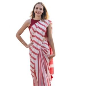 Generic Women's Linen Printed Saree With Unstitched Blouse 5.5Mtr��(Red)