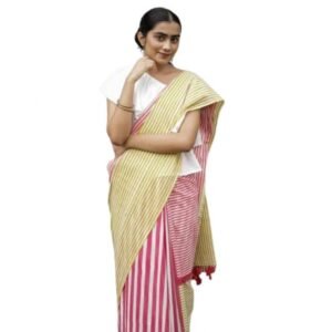 Generic Women's Linen Printed Saree With Unstitched Blouse 5.5Mtr��(Yellow)
