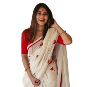 Generic Women's Linen Printed Saree With Unstitched Blouse 5.5Mtr��(White)