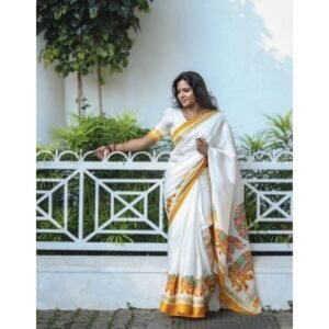 Generic Women's Linen Printed Saree With Unstitched Blouse 5.5Mtr��(White)