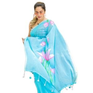 Generic Women's Linen Printed Saree With Unstitched Blouse 5.5Mtr��(light Blue)