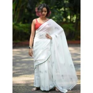 Generic Women's Linen Printed Saree With Unstitched Blouse 5.5Mtr��(White)