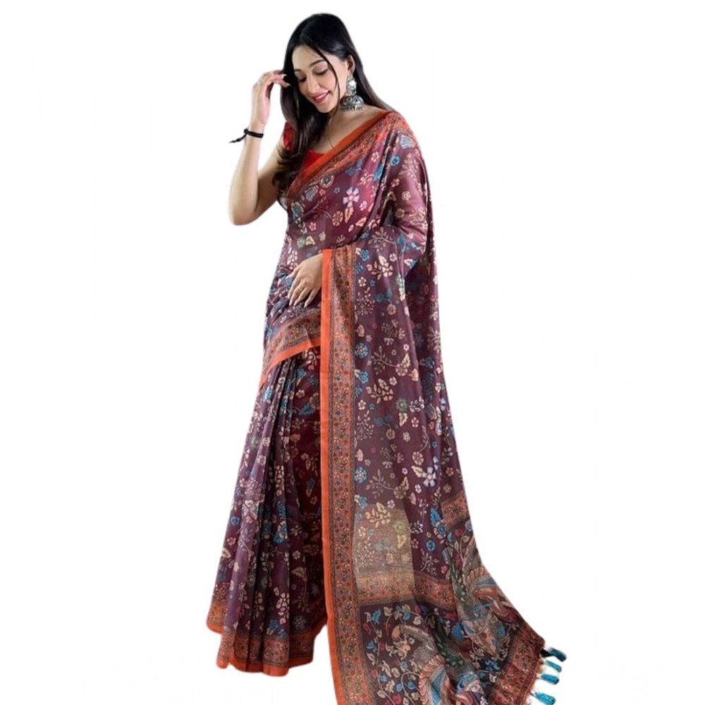 Generic Women's Linen Printed Saree With Unstitched Blouse 5.5Mtr��(Brown)