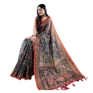 Generic Women's Linen Printed Saree With Unstitched Blouse 5.5Mtr��(Green)