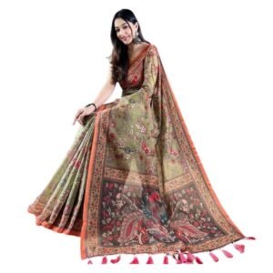 Generic Women's Linen Printed Saree With Unstitched Blouse 5.5Mtr��(Sea Green)