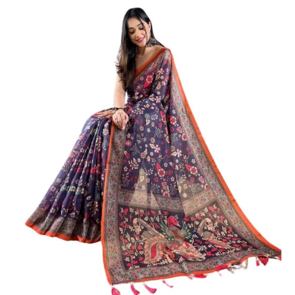 Generic Women's Linen Printed Saree With Unstitched Blouse 5.5Mtr��(Blue)