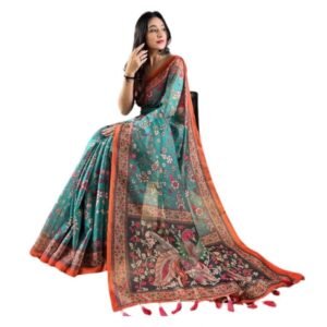 Generic Women's Linen Printed Saree With Unstitched Blouse 5.5Mtr��(Olive)