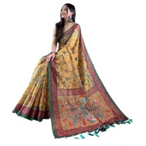 Generic Women's Linen Printed Saree With Unstitched Blouse 5.5Mtr��(Yellow)