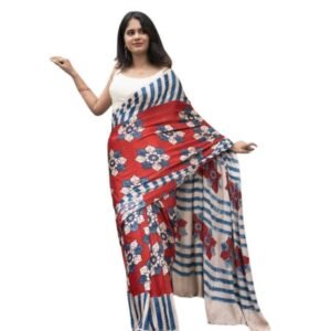 Generic Women's Linen Printed Saree With Unstitched Blouse 5.5Mtr��(Red)