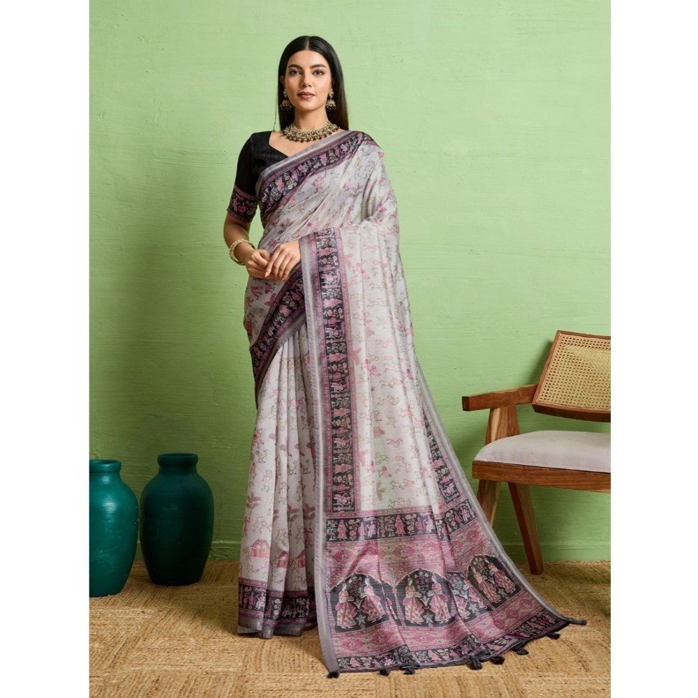 Generic Women's Silk Blend Printed Saree With Unstitched Blouse 5.5Mtr (Grey)