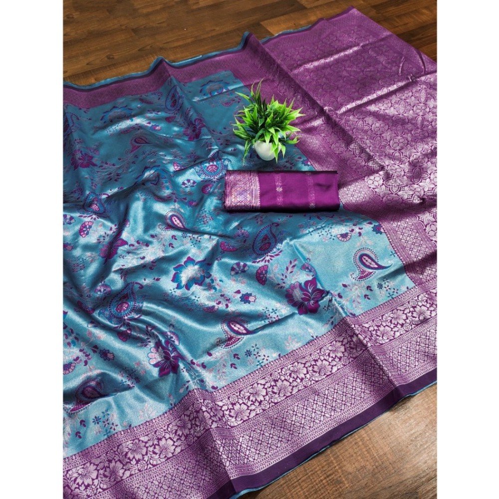 Generic Women's Banarasi Jacquard Printed Saree With Unstitched Blouse 5.5Mtr (Blue)
