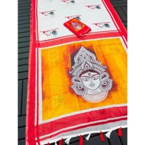 Generic Women's linen Digital Print Saree With Unstitched Blouse 5.5Mtr (White)