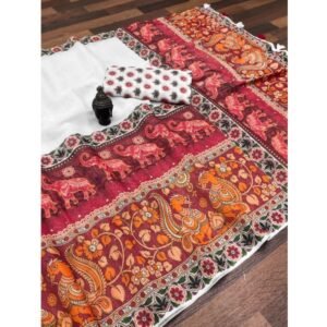 Generic Women's linen Digital Print Saree With Unstitched Blouse 5.5Mtr (White)
