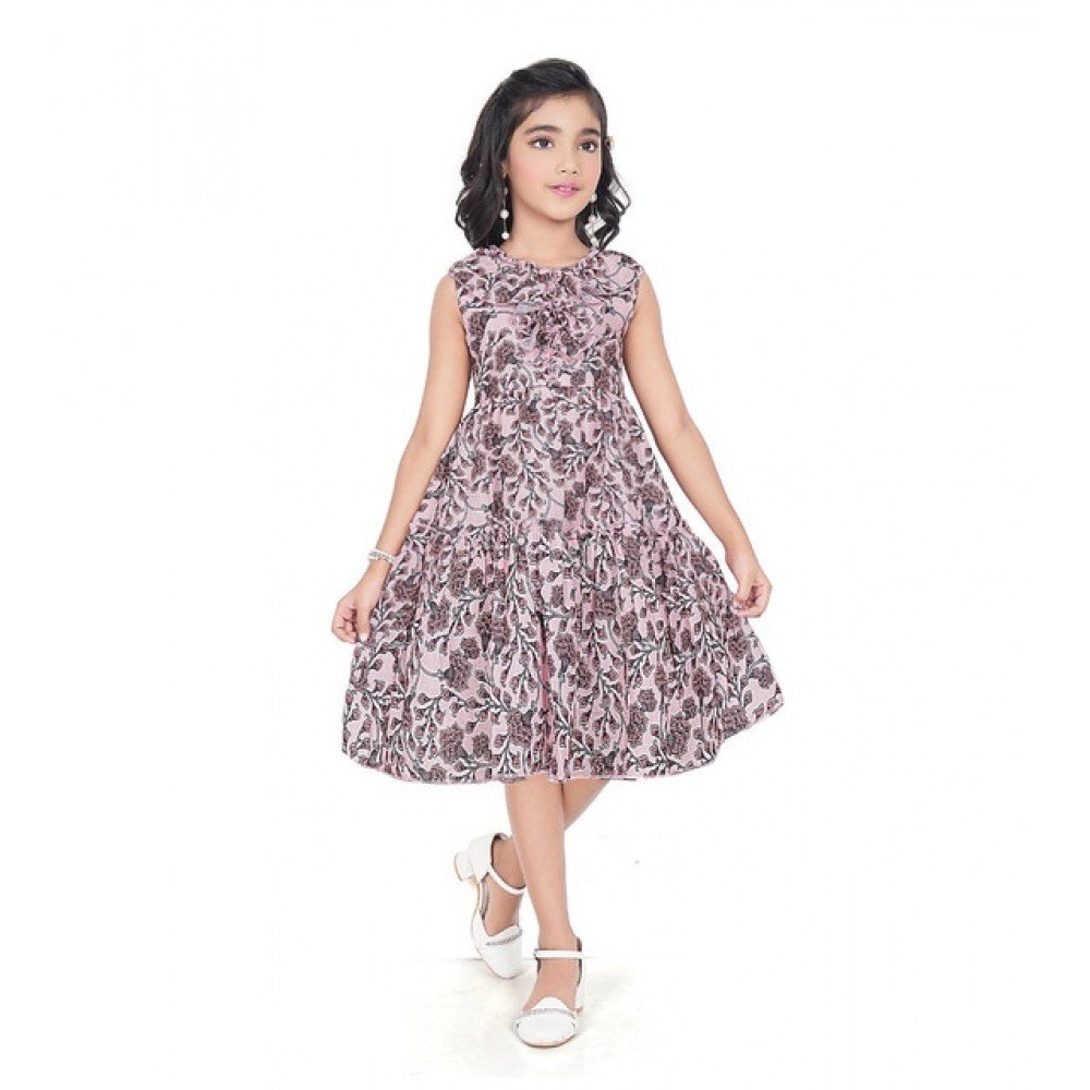 Generic Girl's Digital Slub Printed Sleeve Less Round Neck Dress (Brown)