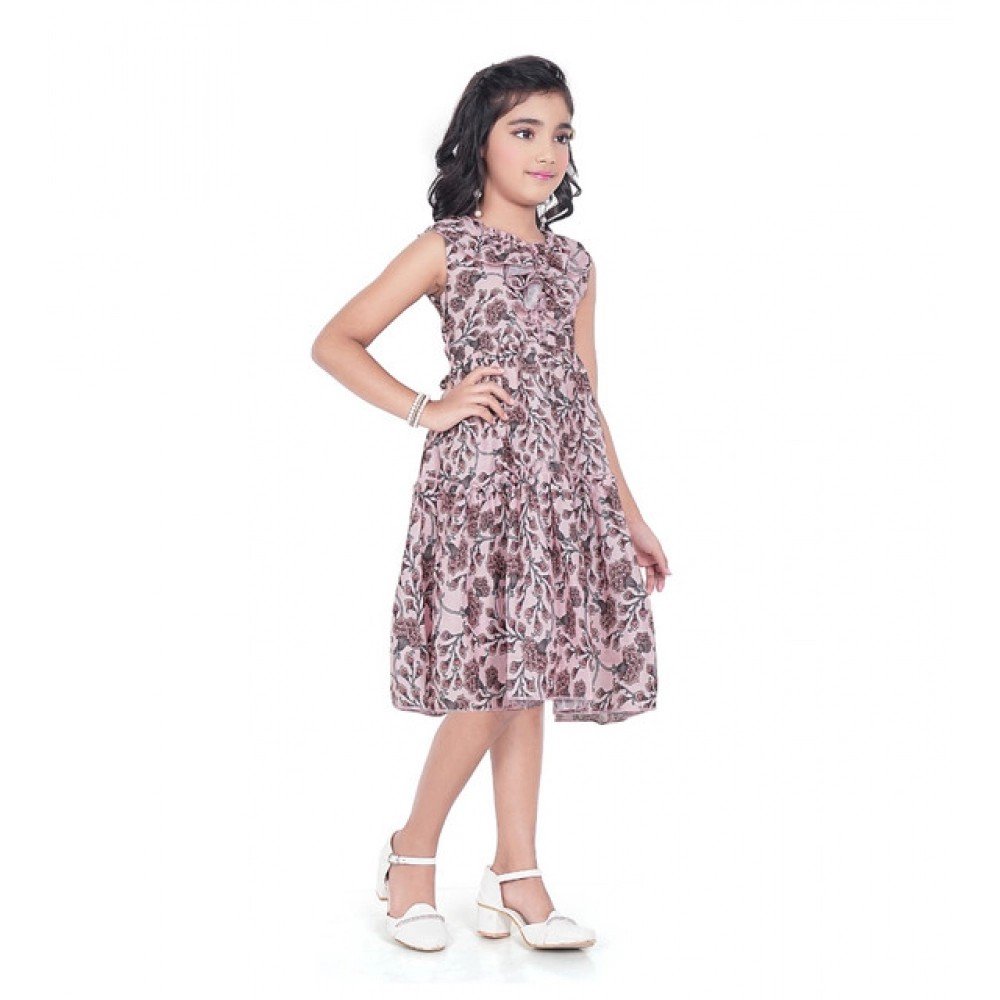 Generic Girl's Digital Slub Printed Sleeve Less Round Neck Dress (Brown) - Image 2
