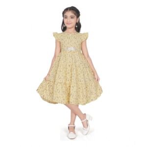 Generic Girl's Twill Printed Short Sleeve Round Neck Dress (Yellow)