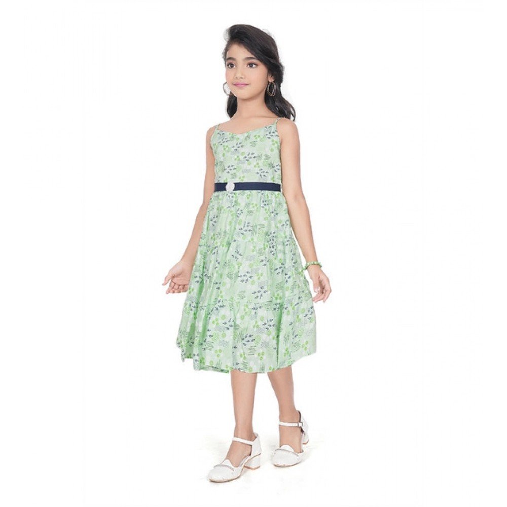 Generic Girl's Cotton Slub Printed Sleeve Less Round Neck Dress (Sea Green) - Image 2