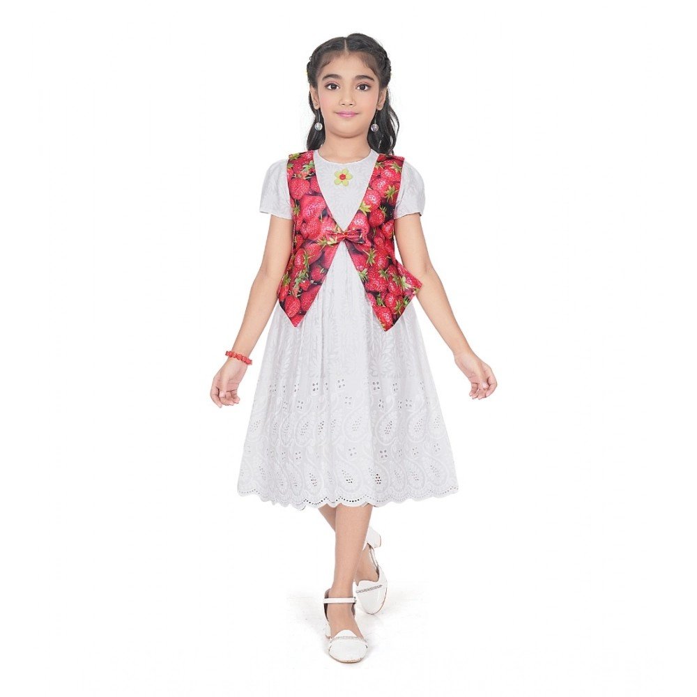 Generic Girl's Heavy Chicken Printed Short Sleeve Round Neck Dress (White)