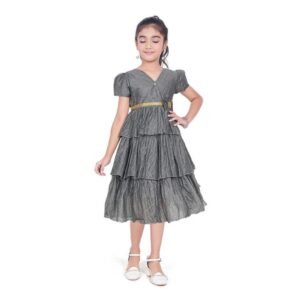 Generic Girl's Artificial Silk Striped Short Sleeve V Neck Dress (Grey)
