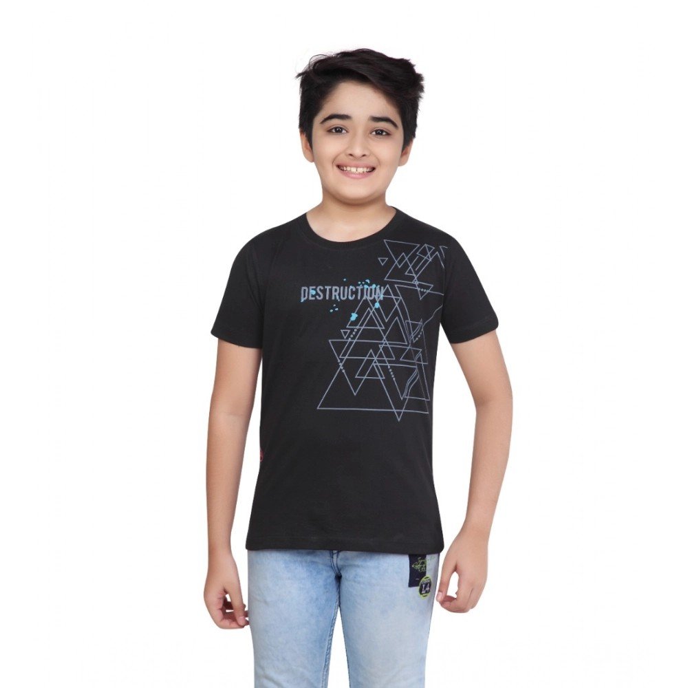 Generic Boy's Cotton Grapic Printed Round Neck T-Shirt (Black)