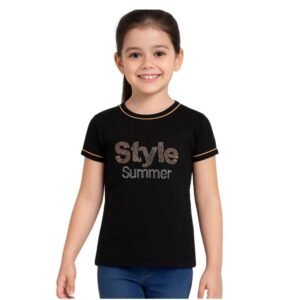Generic Girl's Cotton Printeded Round Neck T-Shirt (Black)