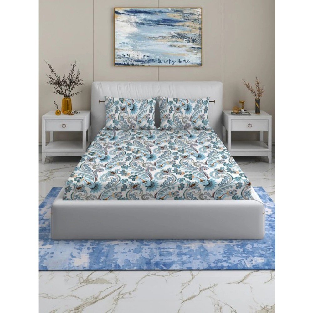 Generic Cotton Blend Floral Printed Double Bedsheet with 2 Pillow Covers (White)