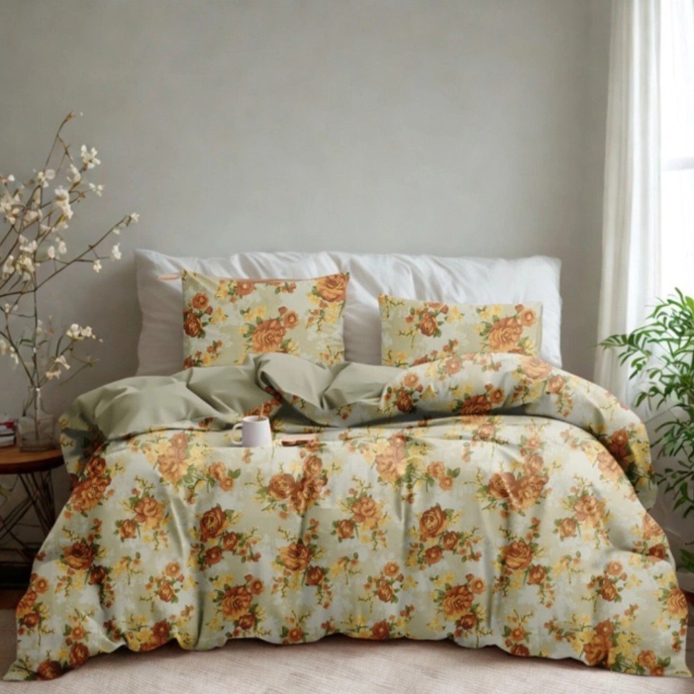 Generic Microfiber Floral Printed Double Bedsheet with 2 Pillow Covers (Beige)