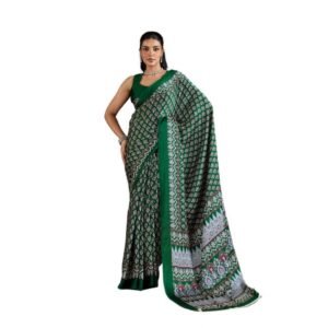 Generic Women's Satin Crepe Printed Saree With Unstitched Blouse 5.5Mtr (Green)