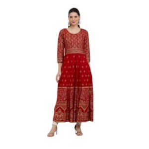Generic Women's Casual Rayon 3-4th Sleeves Anarkali Kurti (Red)