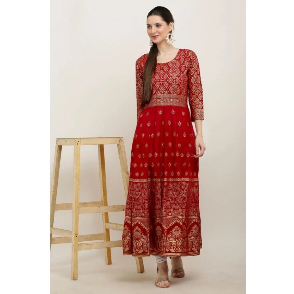 Generic Women's Casual Rayon 3-4th Sleeves Anarkali Kurti (Red) - Image 2