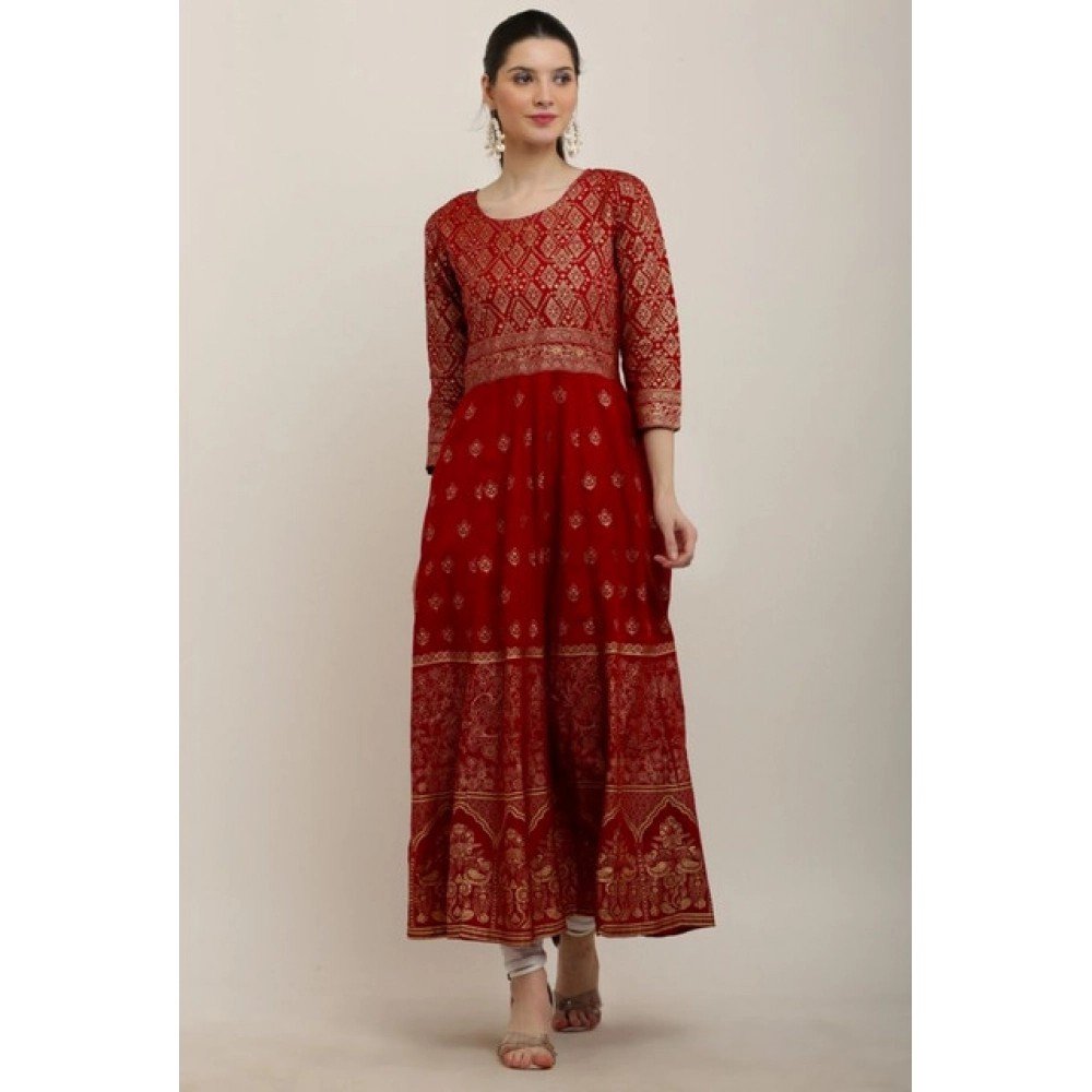 Generic Women's Casual Rayon 3-4th Sleeves Anarkali Kurti (Red) - Image 3