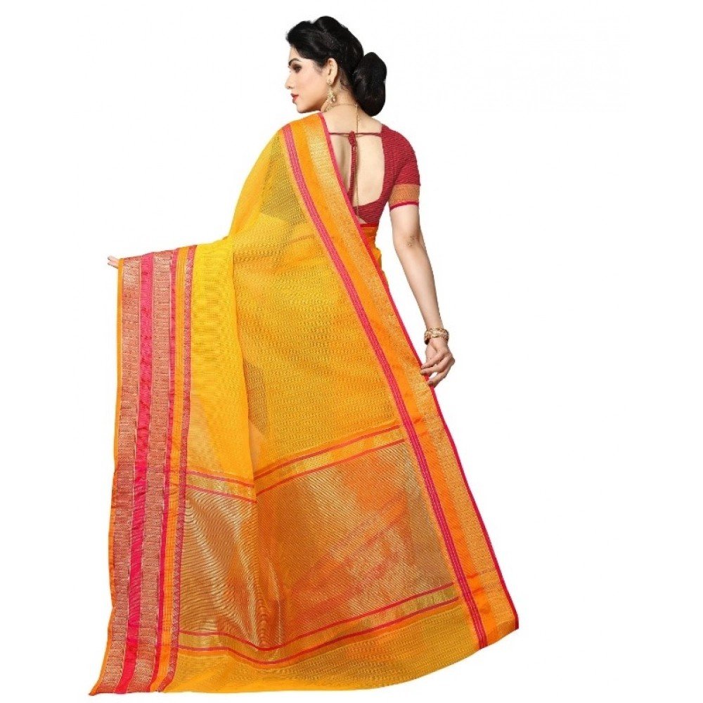 Generic Women's Kota Doria Cotton Border Saree With Blouse (Light Green, 5-6 Mtrs)
