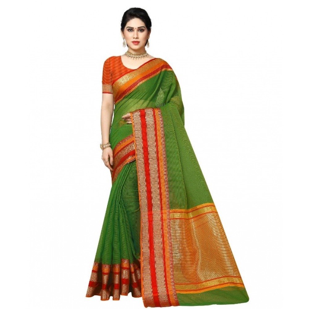 Generic Women's Kota Doria Cotton Border Saree With Blouse (Light Green, 5-6 Mtrs) - Image 2