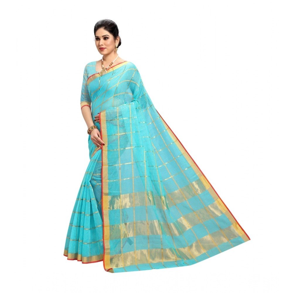 Generic Women's Kota Doria Cotton Saree With Blouse (Sky Blue,6-3 Mtrs) - Image 2