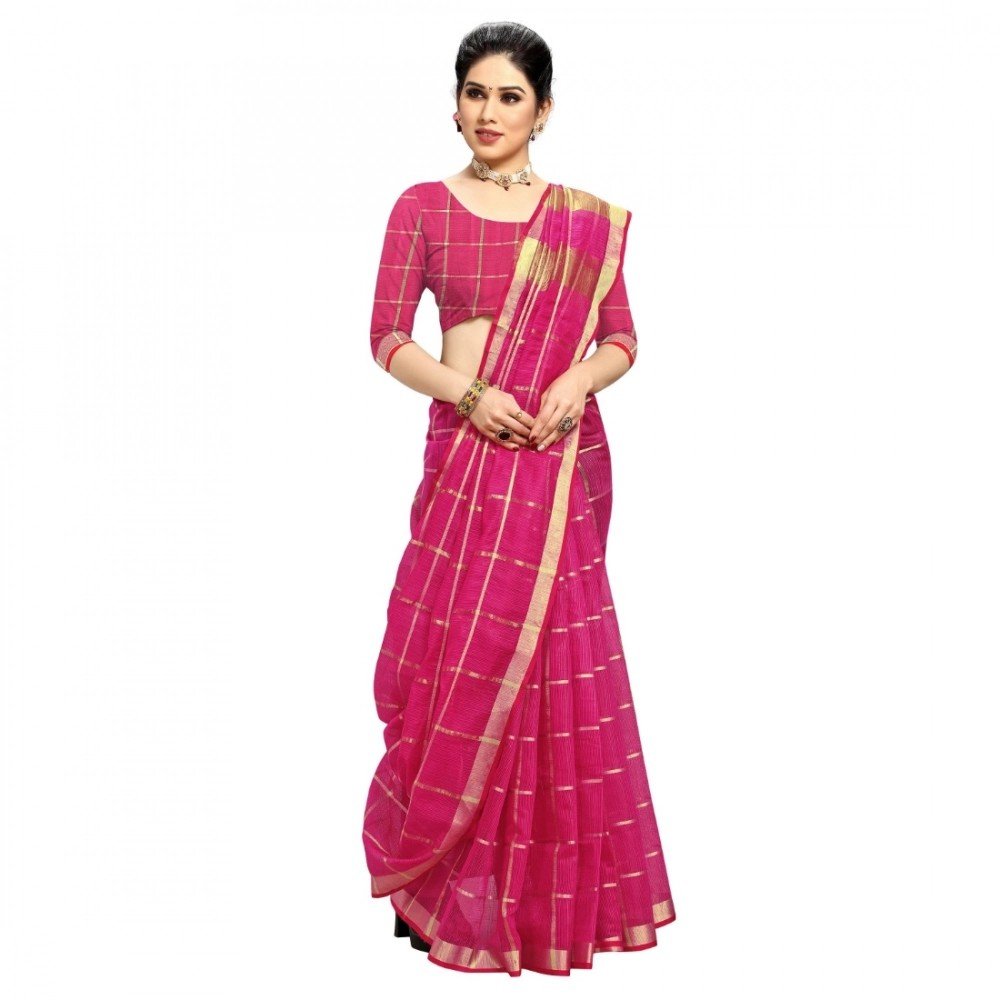 Generic Women's Kota Doria Cotton Checked Saree With Blouse (Rani, 5-6 Mtrs) - Image 2