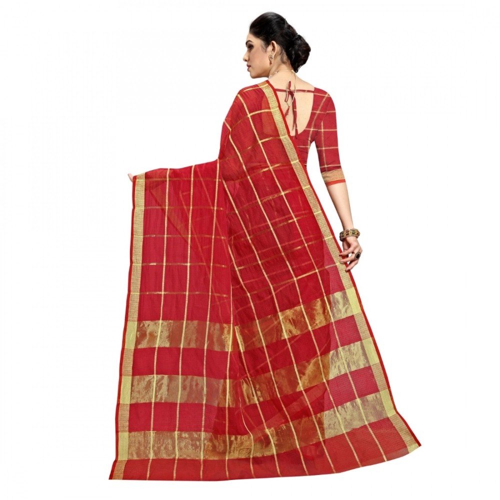 Generic Women's Kota Doria Cotton Checked Saree With Blouse (Red, 5-6 Mtrs) - Image 2