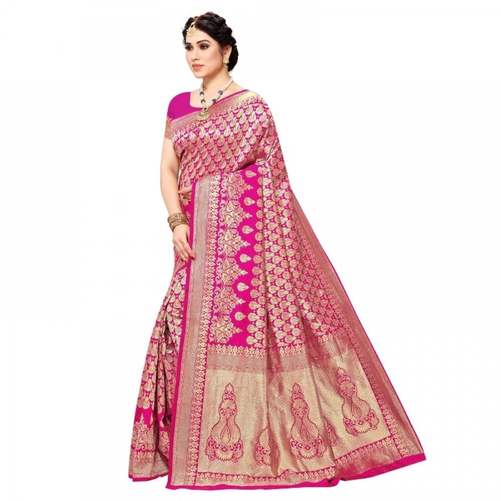 Generic Women's Jacquard Silk Kanjivaram Jacquard Silk Saree With Blouse (Pink, 5-6 Mtrs) - Image 2