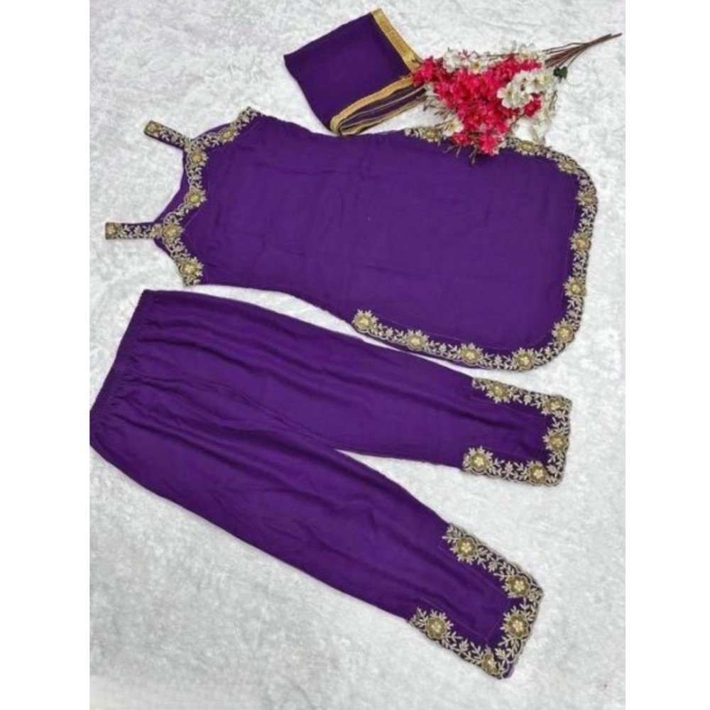 Generic Women's Georgette Embroidery Sleeveless Round Neck Kurti, Palazzo And Dupatta Set (Purple) - Image 2